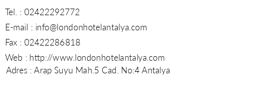 London Hotel Antalya telefon numaralar, faks, e-mail, posta adresi ve iletiim bilgileri
